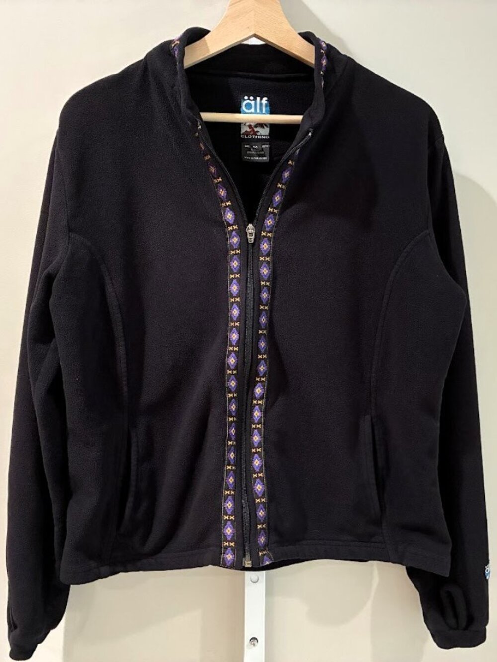 Älf Clothing Women’s Fleece Jacket M Black Geometric Aztec Jacquard Trim